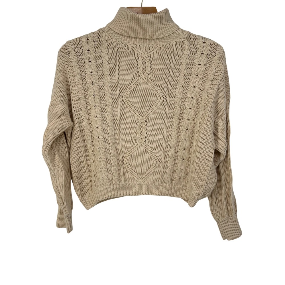 Vintage Fisherman Beige Cotton Cable Knit Turtleneck Sweater Size M Cream Chunky